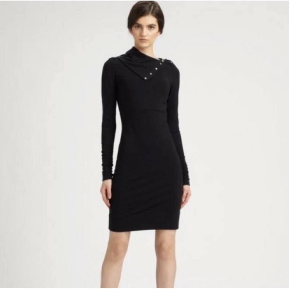 Diane Von Furstenberg Turtle Black Long Sleeve draped neck fitted M snap Dress